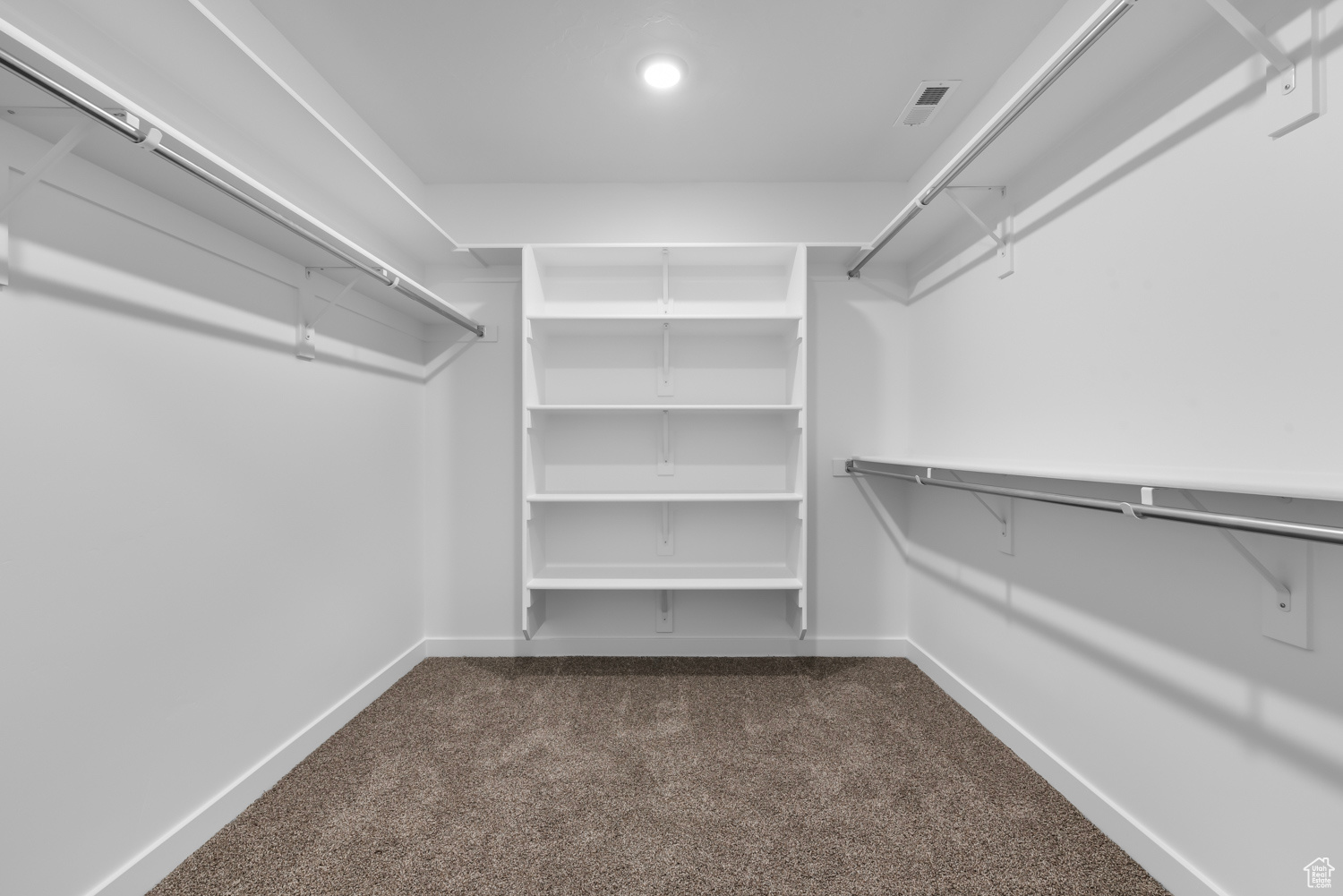 Walk in closet with dark carpet