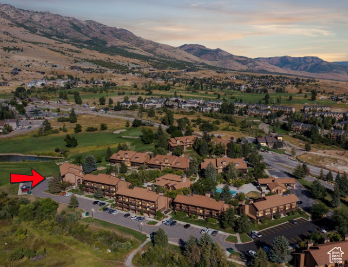 Aerial view at dusk with a mountain view