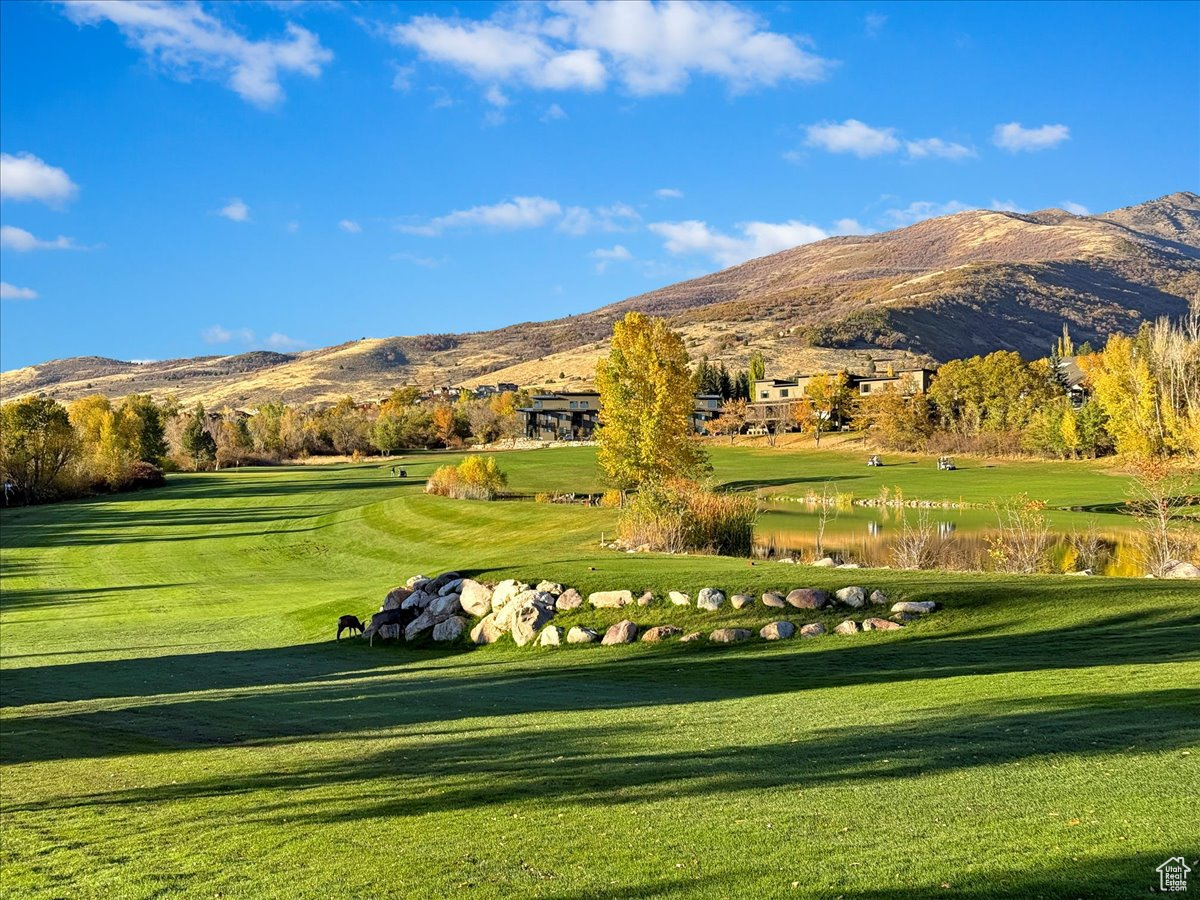 Surrounding community with a mountain view and a lawn