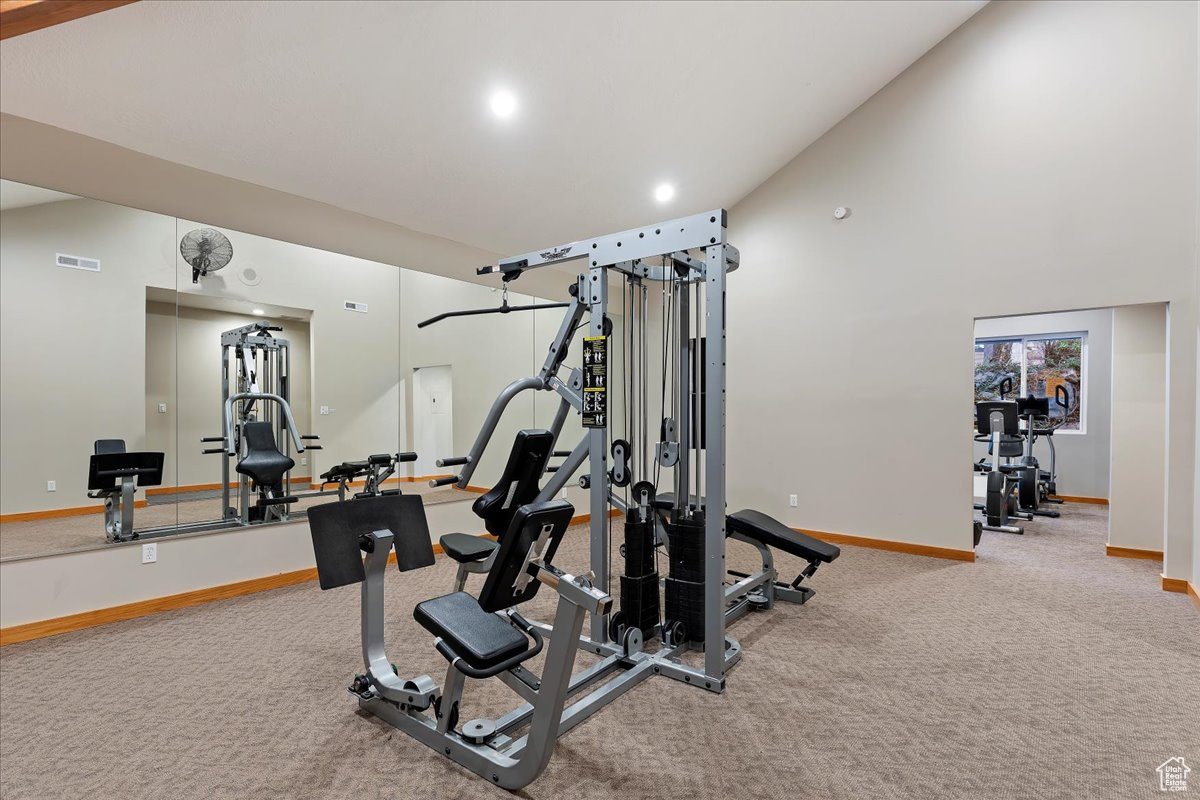 Exercise room with carpet and lofted ceiling