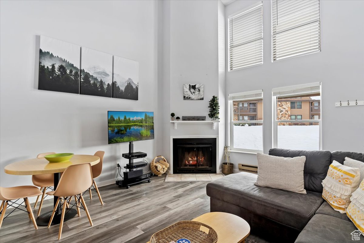 Living room featuring hardwood / wood-style floors and a baseboard heating unit