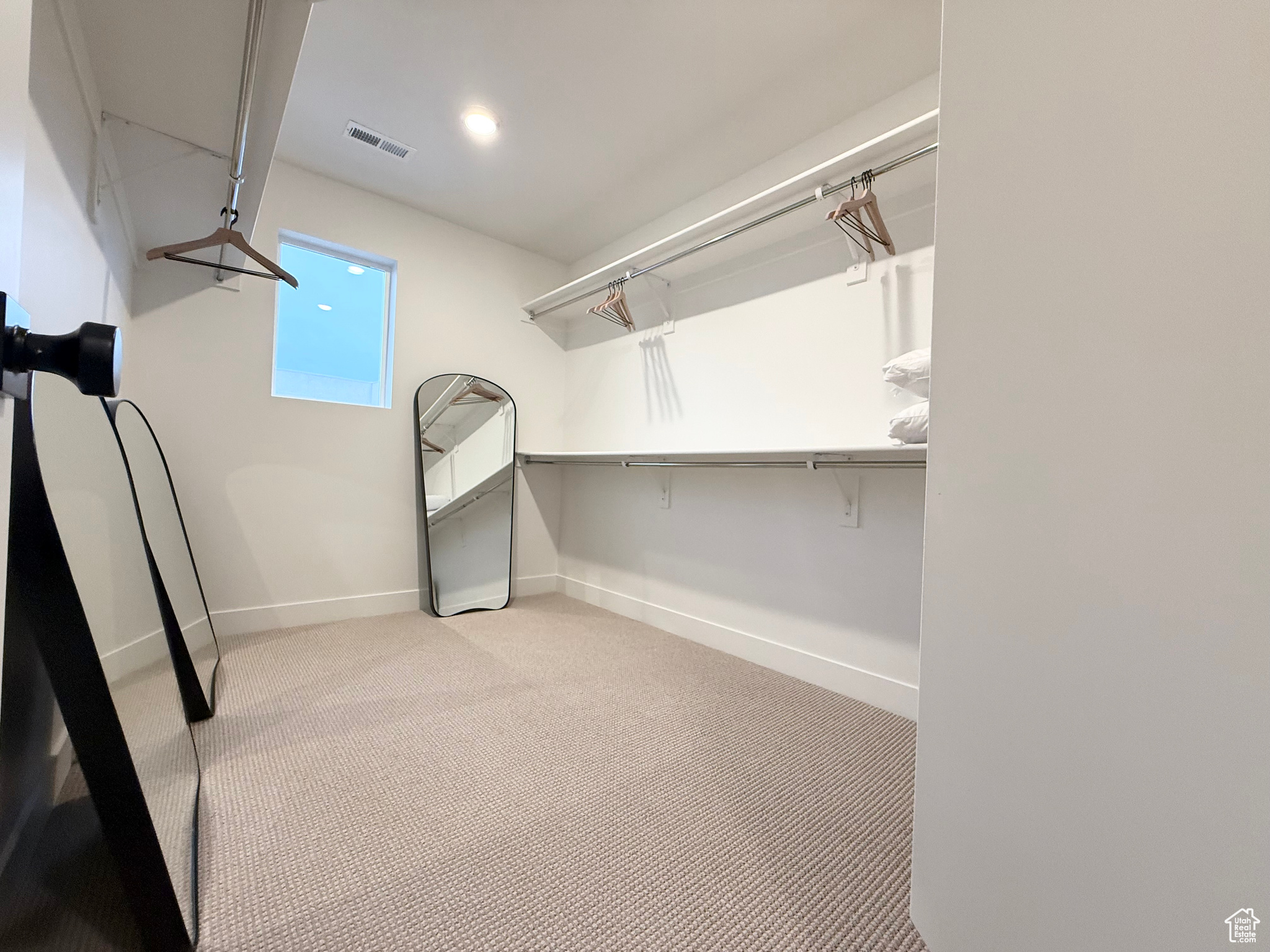 Spacious closet with light carpet