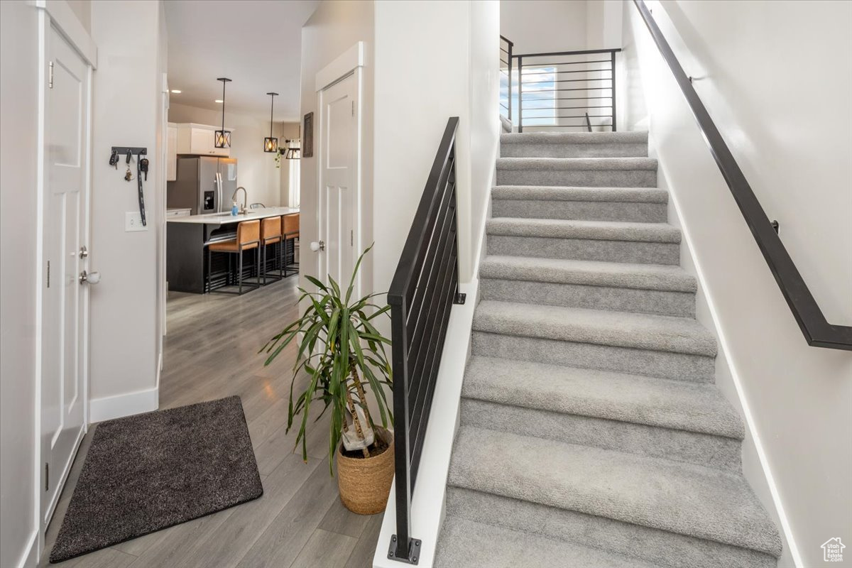 Stairway featuring hardwood / wood-style floors and sink