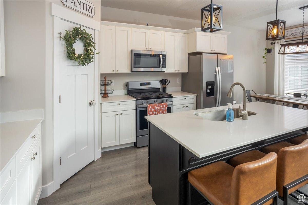 Kitchen featuring sink, hanging light fixtures, stainless steel appliances, a center island with sink, and white cabinets