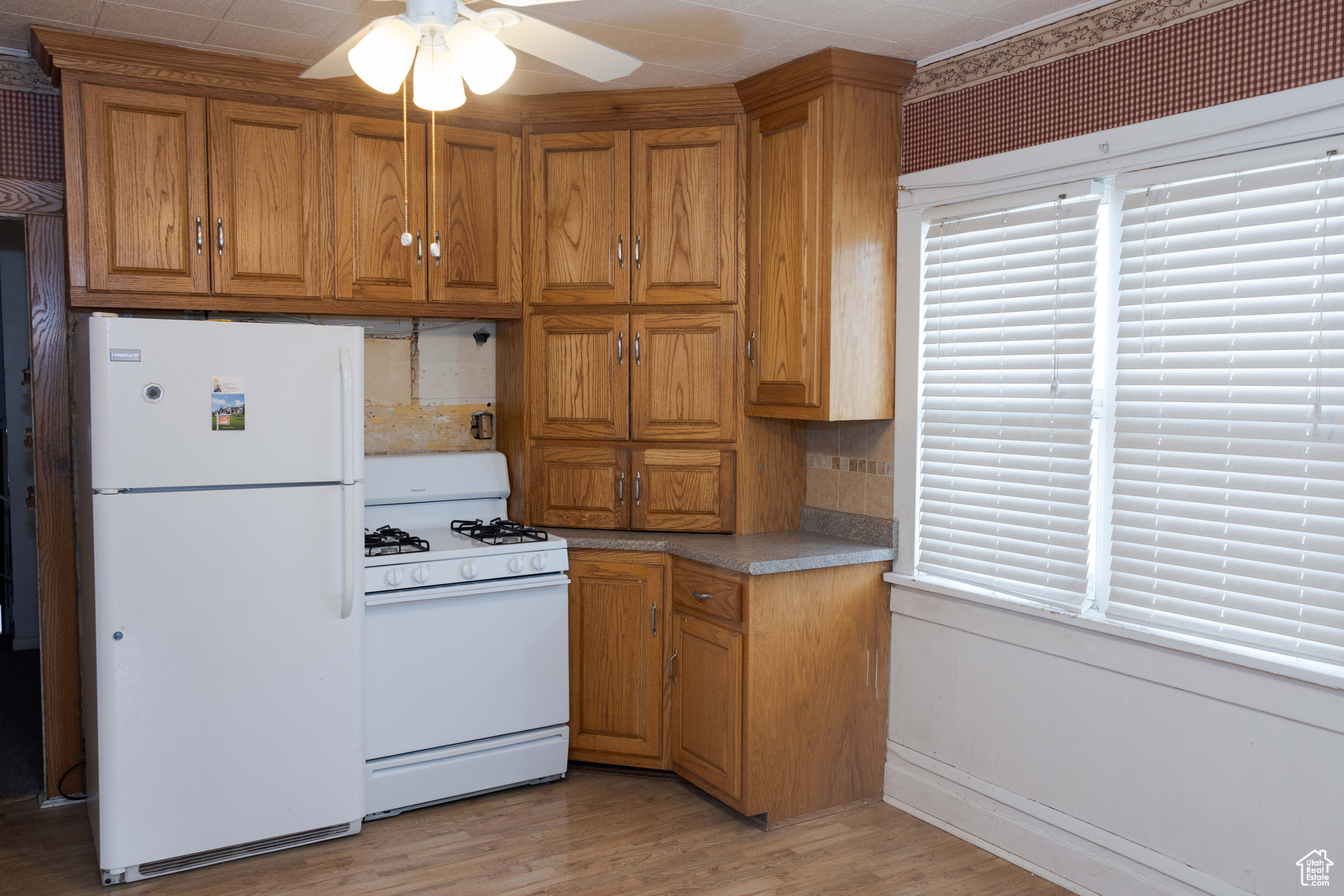 Kitchen with ceiling fan, light hardwood / wood-style flooring, and white appliances