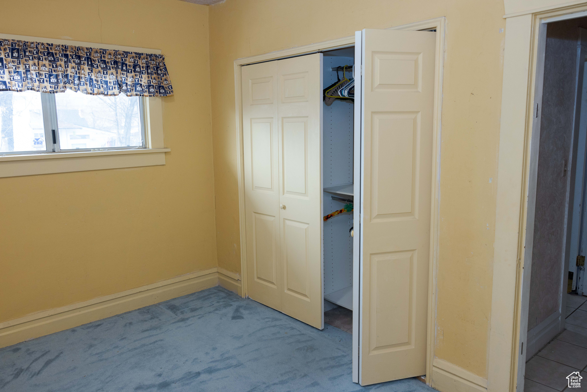 Unfurnished bedroom featuring carpet flooring and a closet