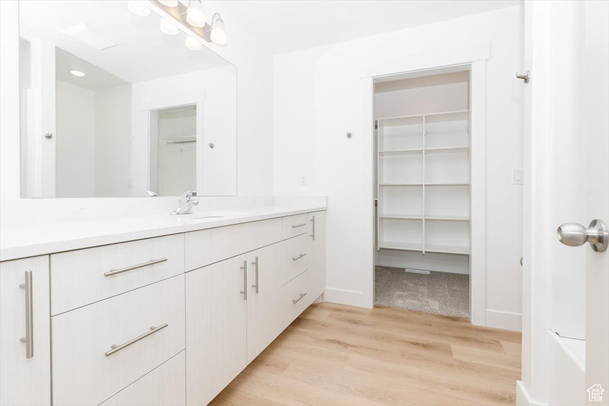 Bathroom with vanity and wood-type flooring