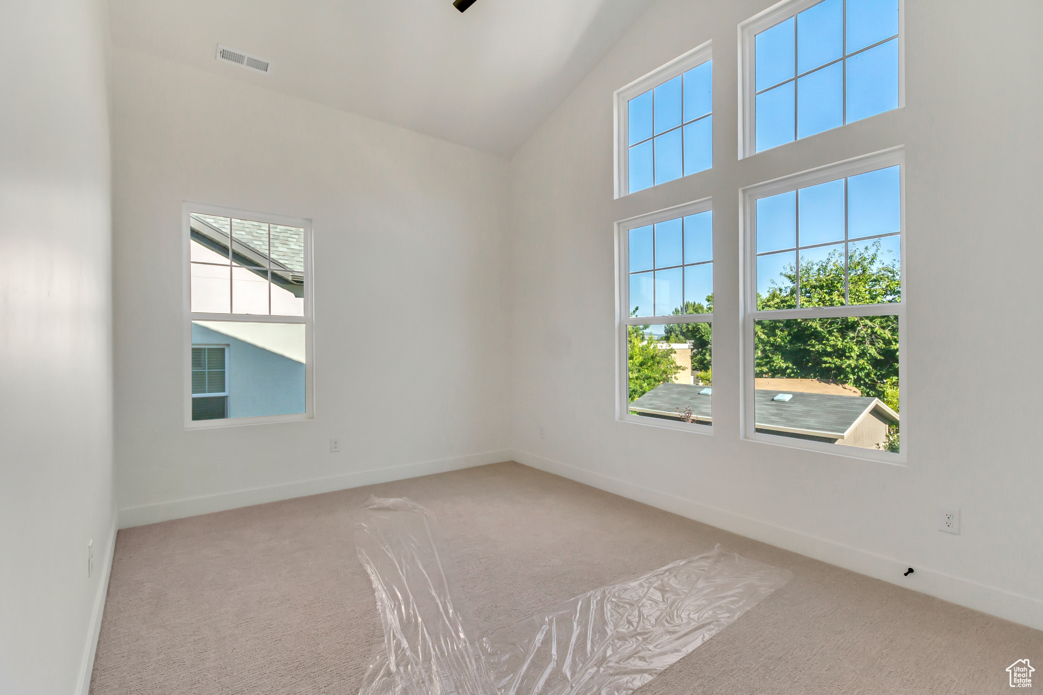 Unfurnished room with carpet flooring and vaulted ceiling