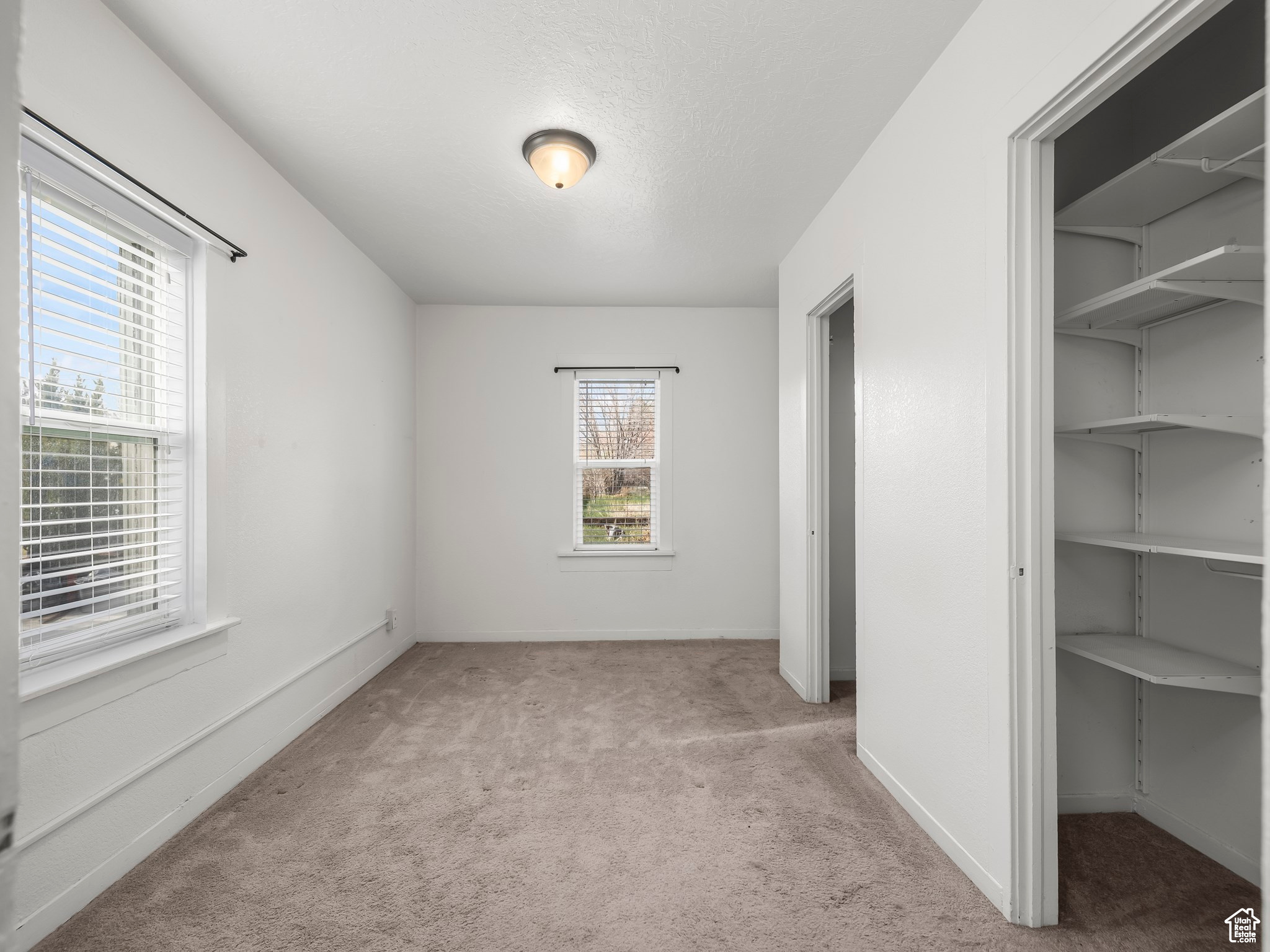 Unfurnished bedroom with a textured ceiling, a closet, light carpet, and multiple windows