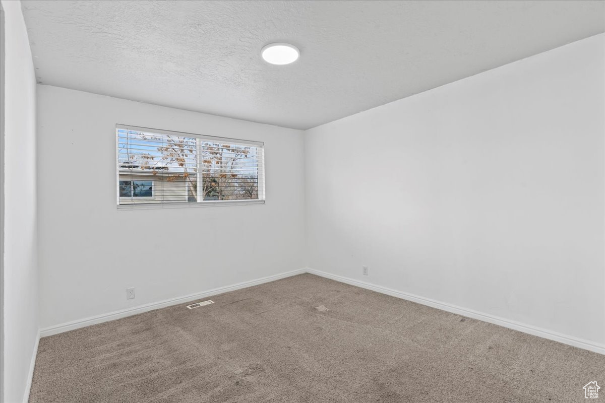 Carpeted spare room featuring a textured ceiling