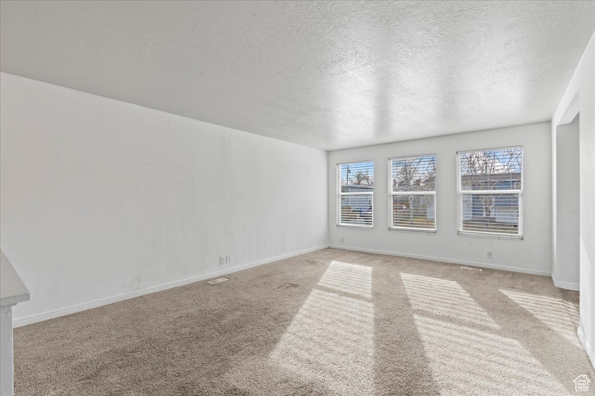 Spare room with light carpet and a textured ceiling