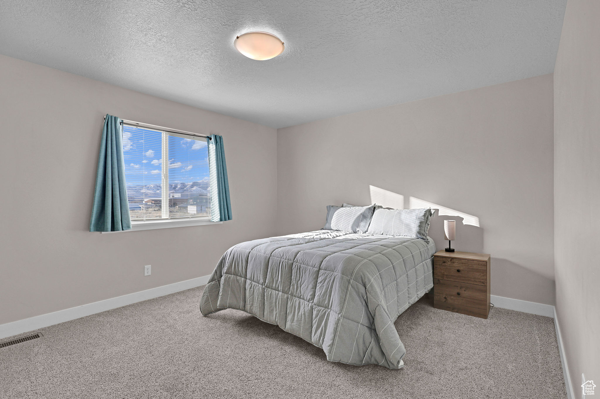 Carpeted bedroom featuring a textured ceiling