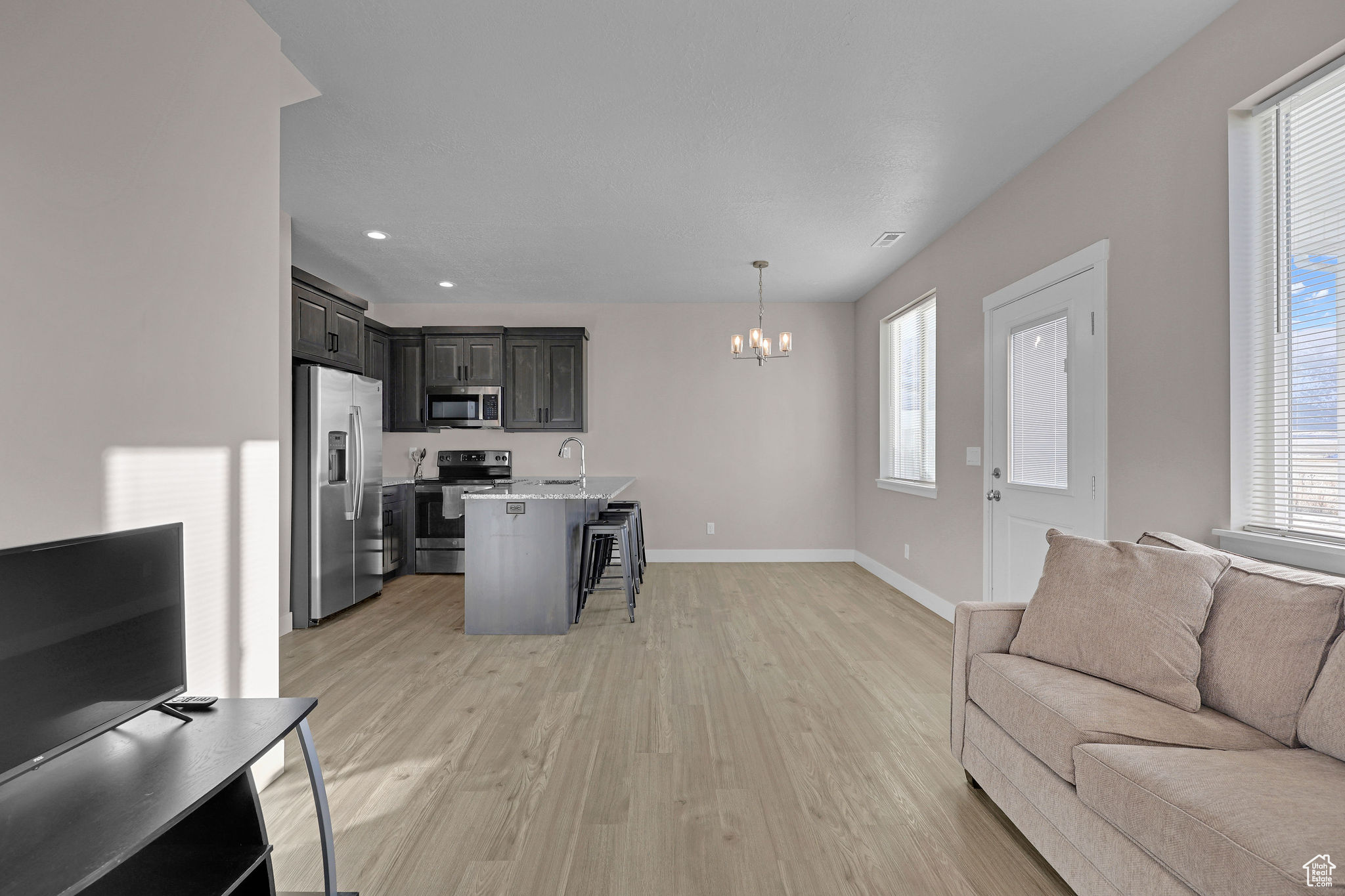 Living room with sink, light hardwood / wood-style flooring, a healthy amount of sunlight, and a notable chandelier