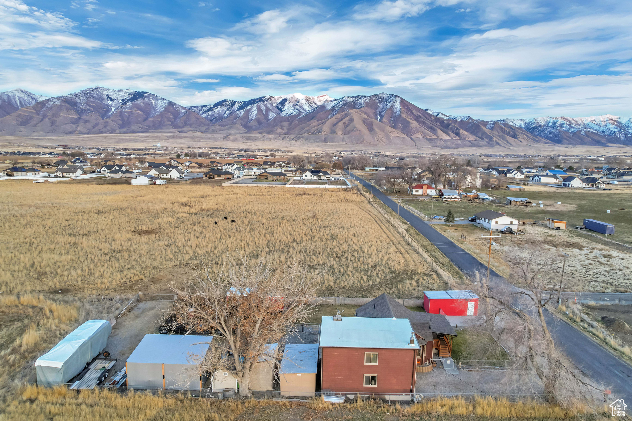 Bird's eye view with a mountain view to the east