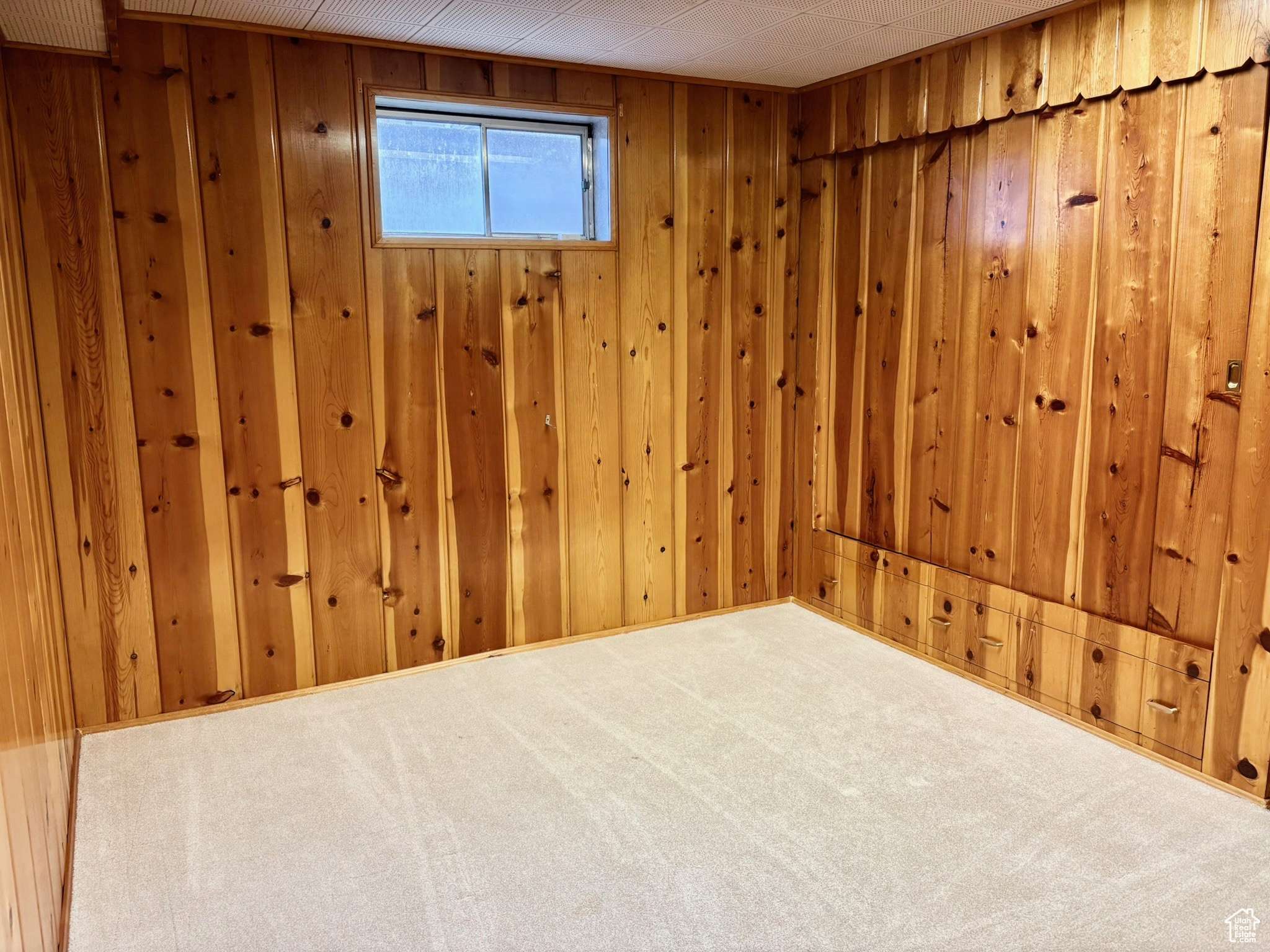 Basement bedroom with wood walls and carpet