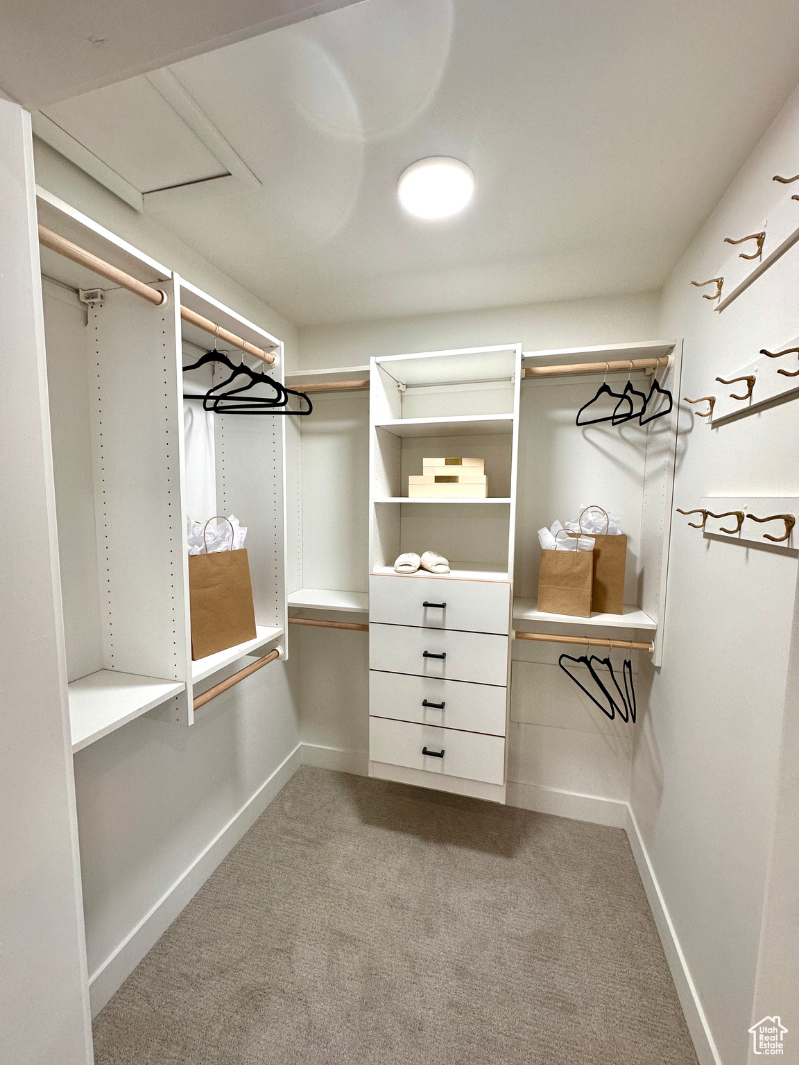 Spacious closet with light colored carpet