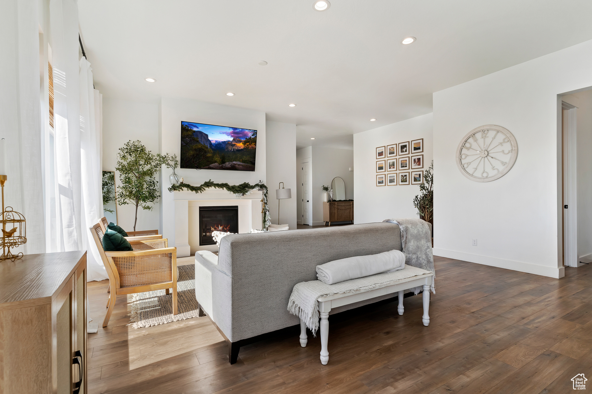 Living room featuring dark wood-type flooring