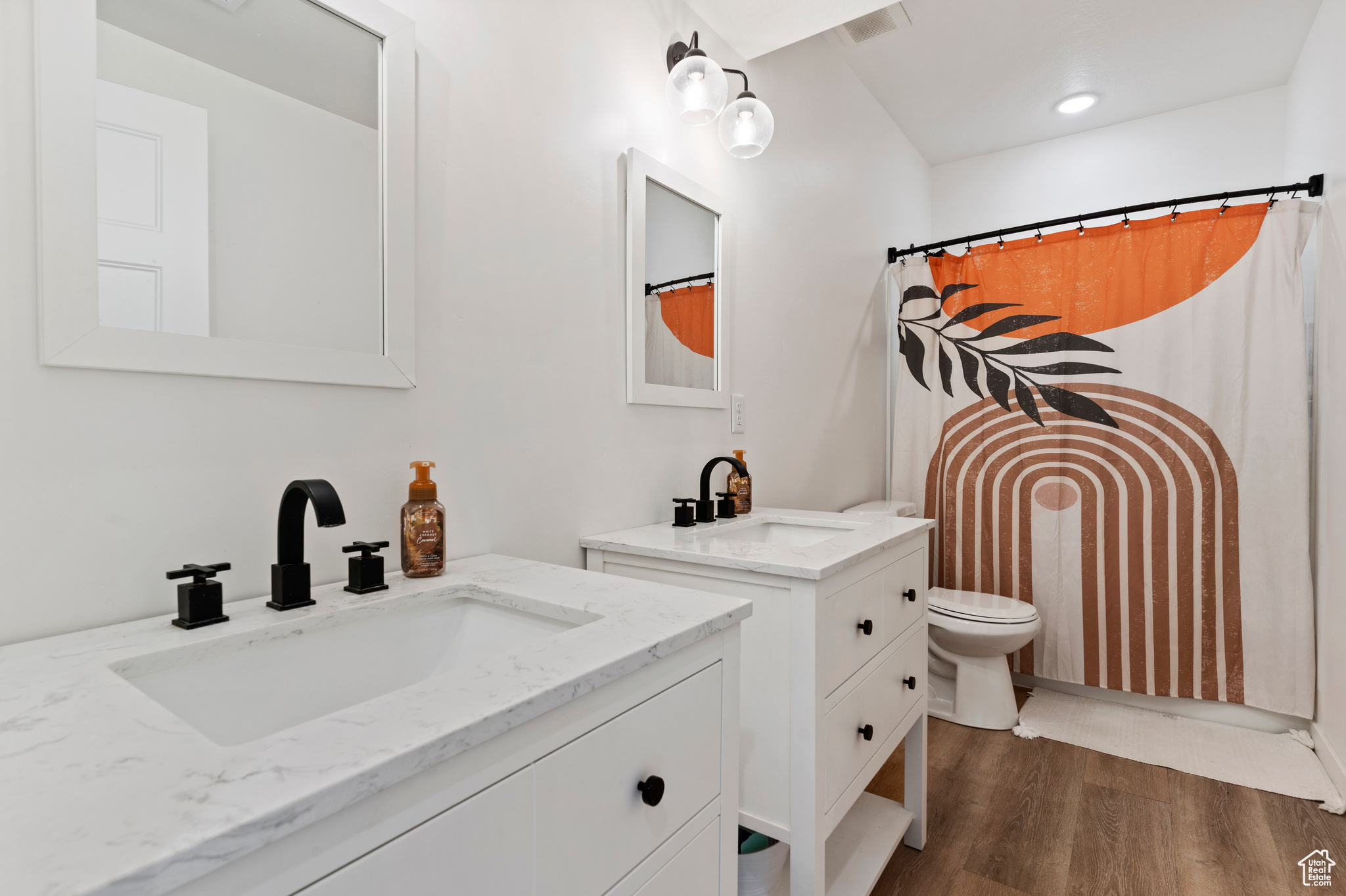 Bathroom featuring vanity and wood-type flooring