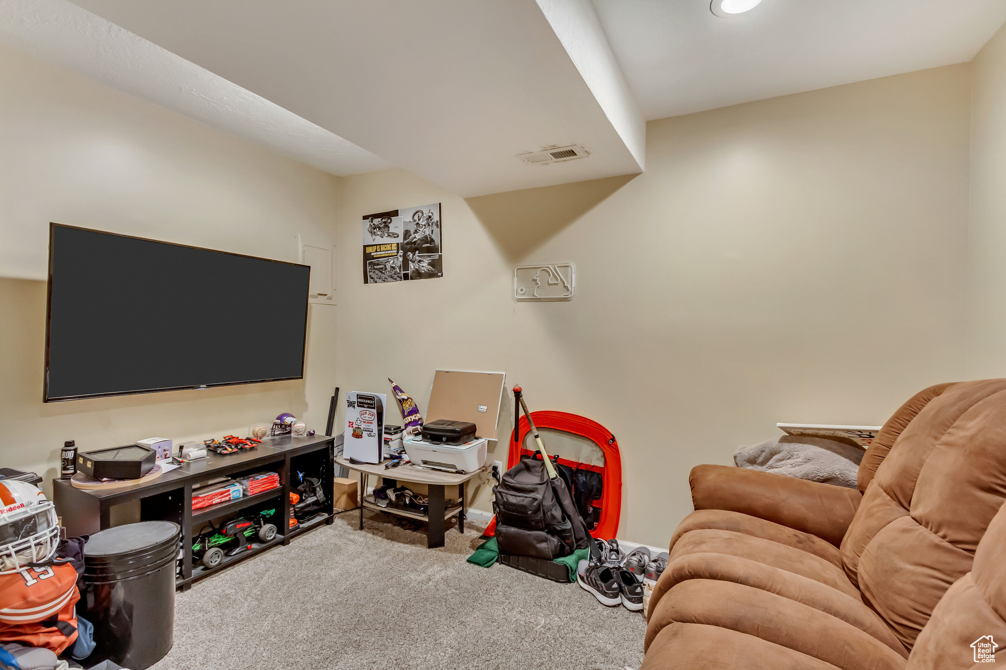 Living room with carpet floors