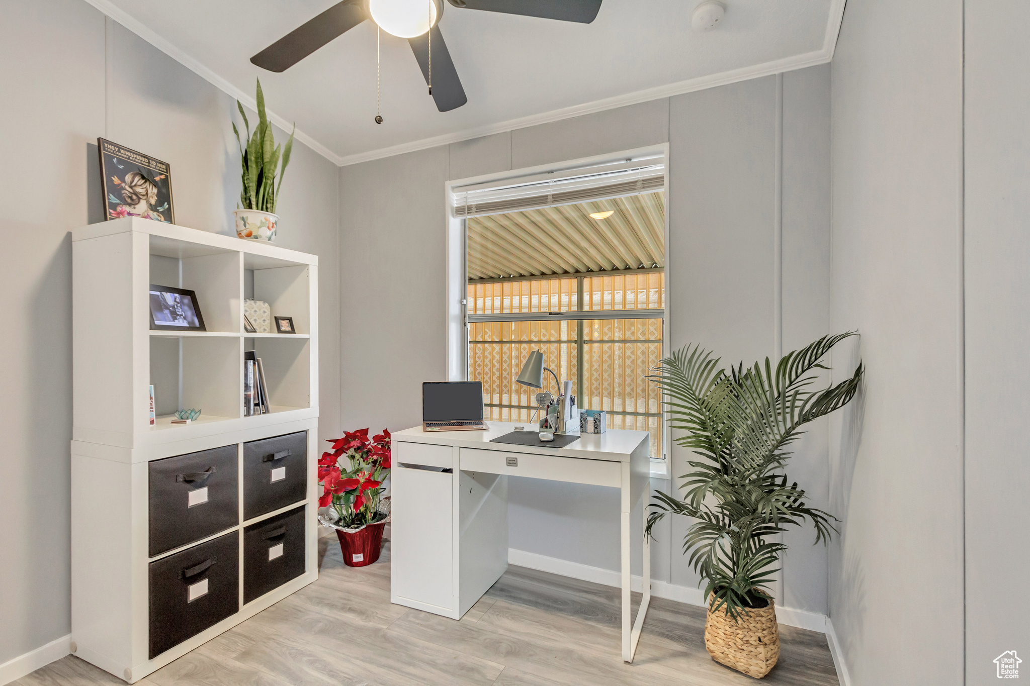 Third bedroom/Office featuring ceiling fan, closet, and window.