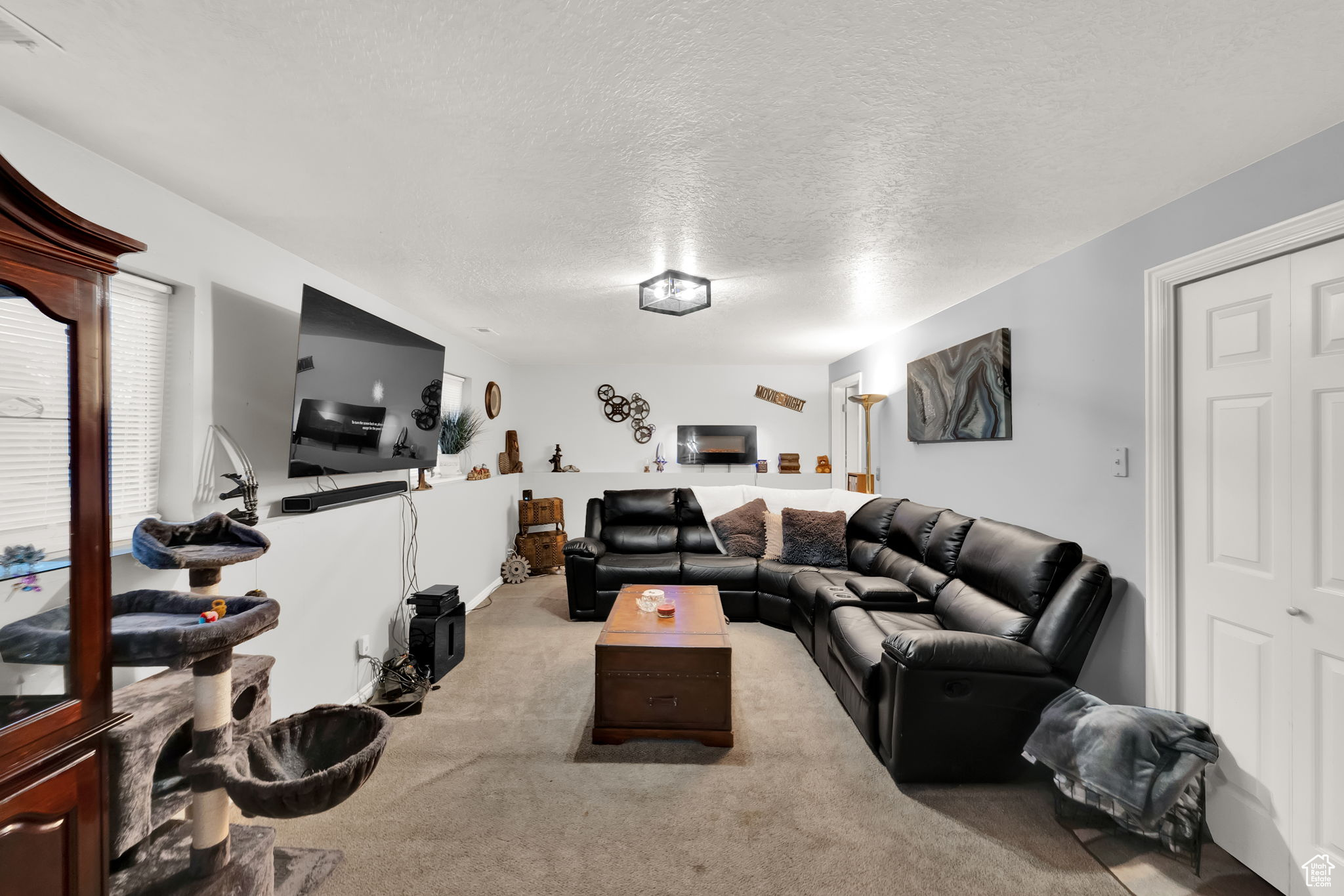 Carpeted living room with a textured ceiling