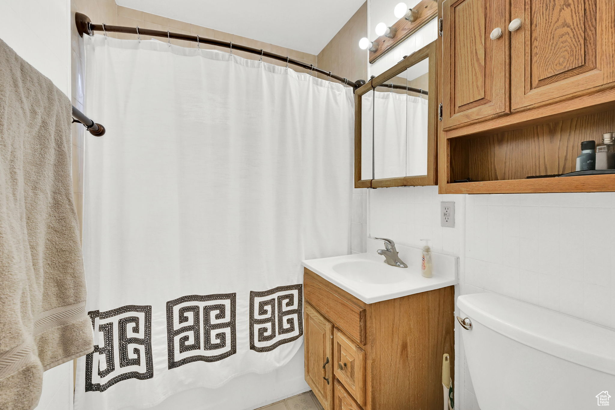 Bathroom featuring vanity, toilet, and walk in shower