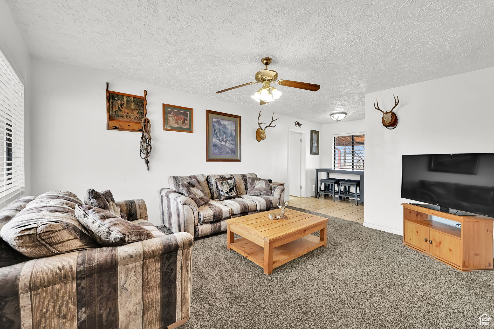 Carpeted living room featuring ceiling fan and a textured ceiling