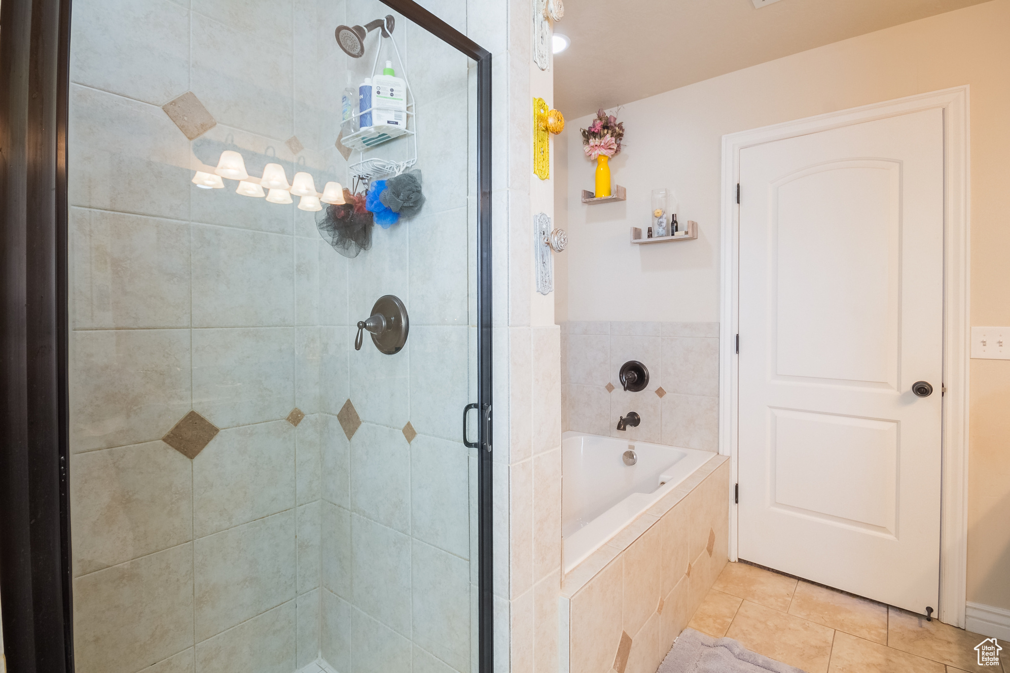 Master Bathroom with separate shower and tub and tile patterned floors