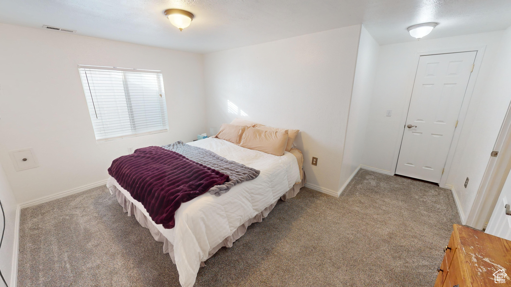 Bedroom with light carpet