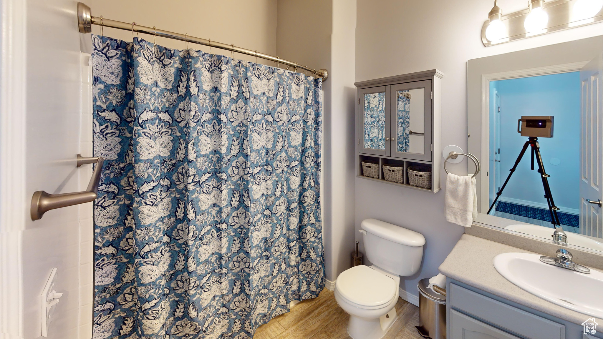 Bathroom with wood-type flooring, vanity, toilet, and walk in shower