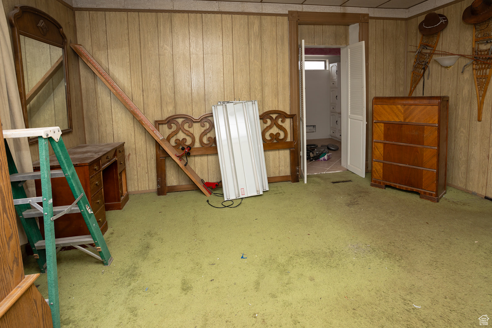 Miscellaneous room featuring wood walls and carpet floors