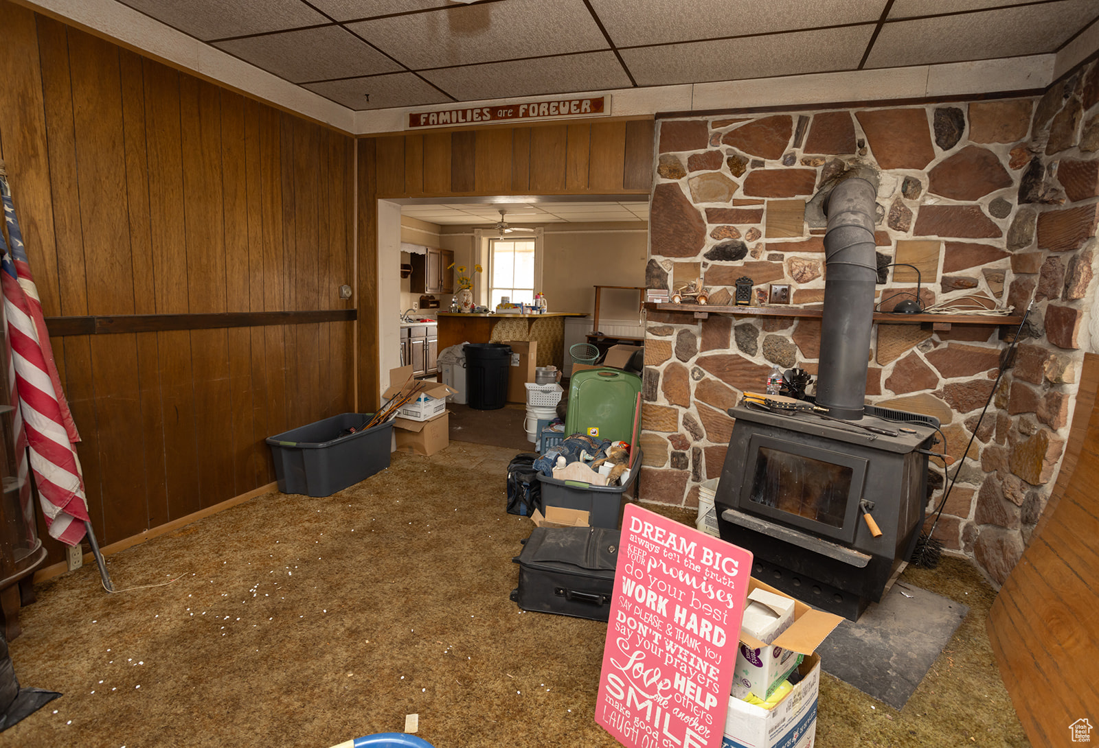 Carpeted living room with a wood stove, wooden walls, and a paneled ceiling