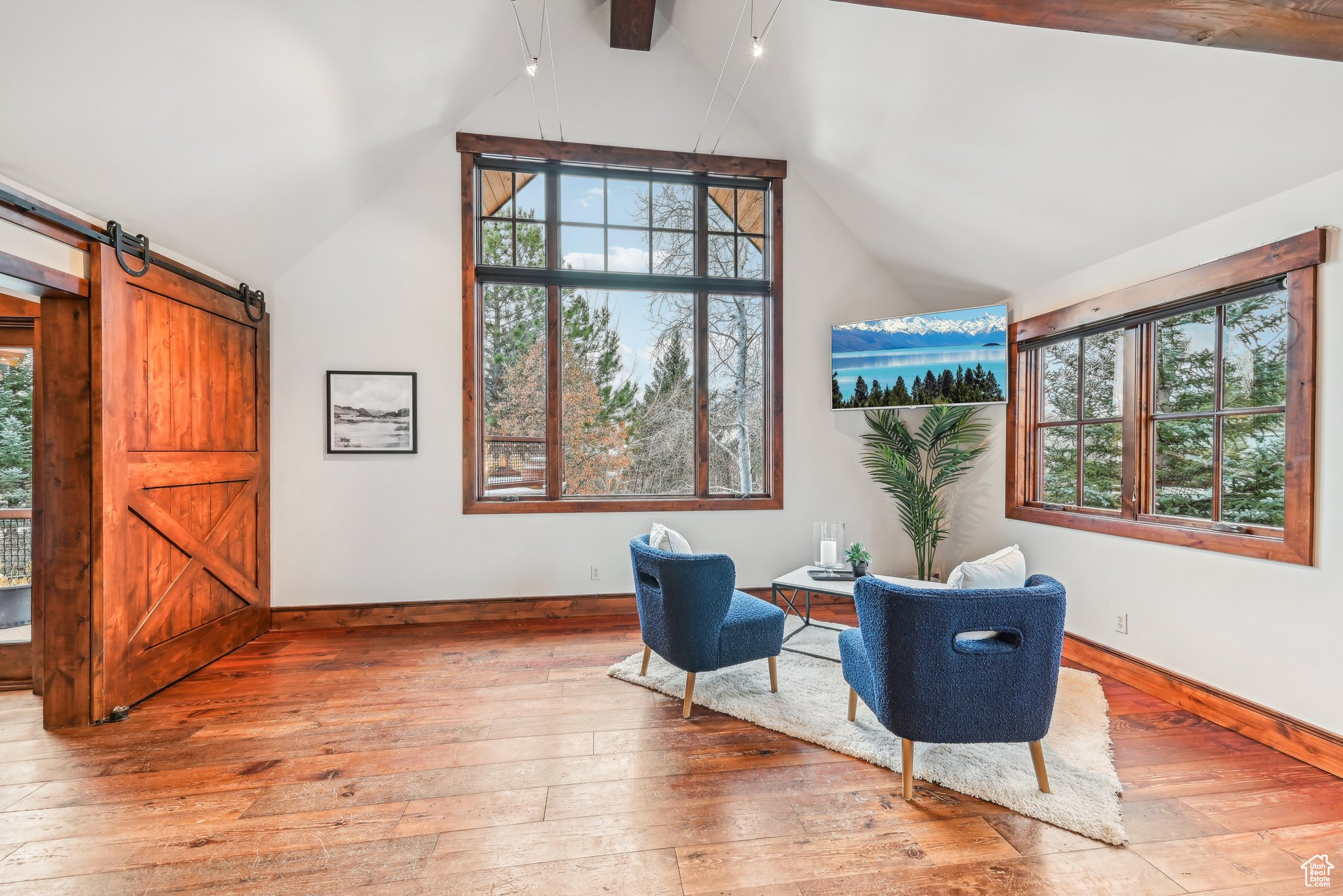 Living area with hardwood / wood-style floors, a barn door, and lofted ceiling