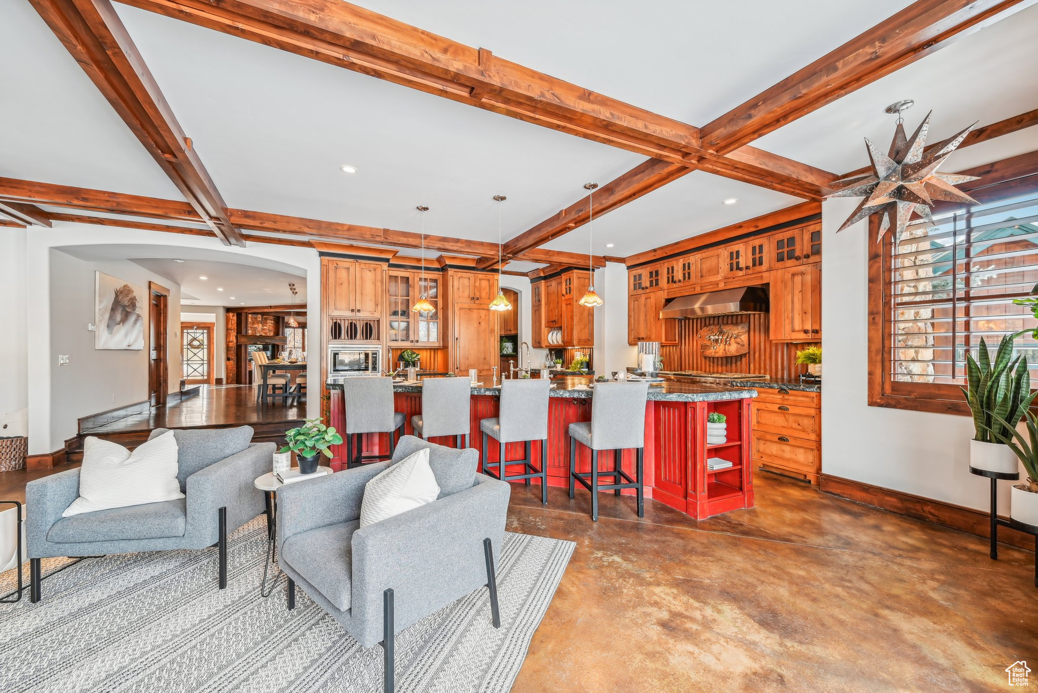 Living room with beamed ceiling and coffered ceiling