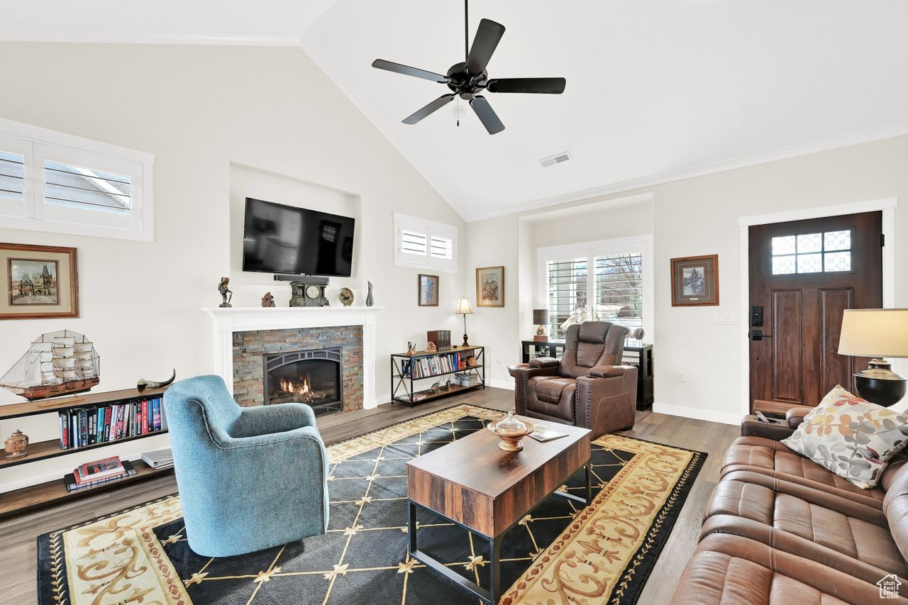 In-Law Suite features a cozy gas fireplace, and plantation shutters.