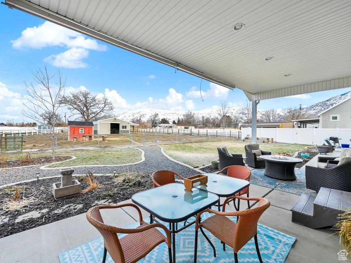 Covered patio with view of the mountians.