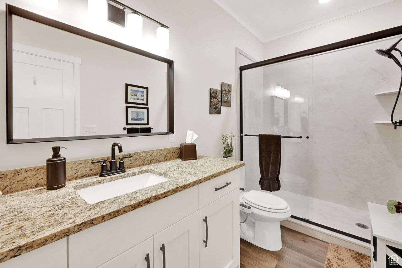 In-law Suite bathroom has large shower, vainity with granite countertop.