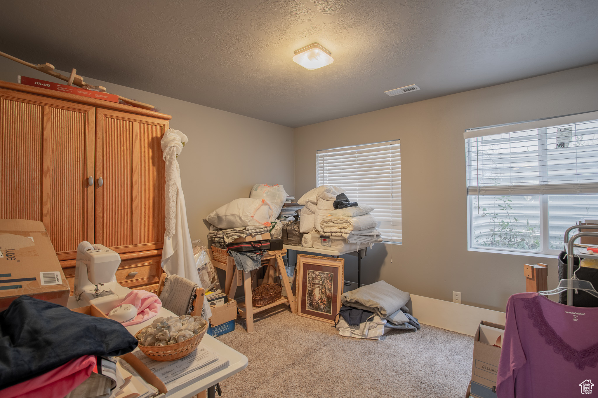 Miscellaneous room with light colored carpet and a textured ceiling