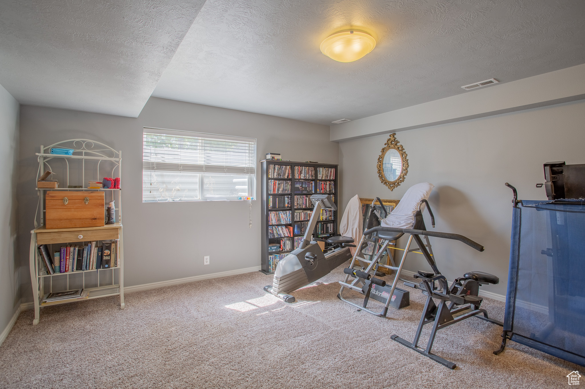 Misc room with carpet and a textured ceiling