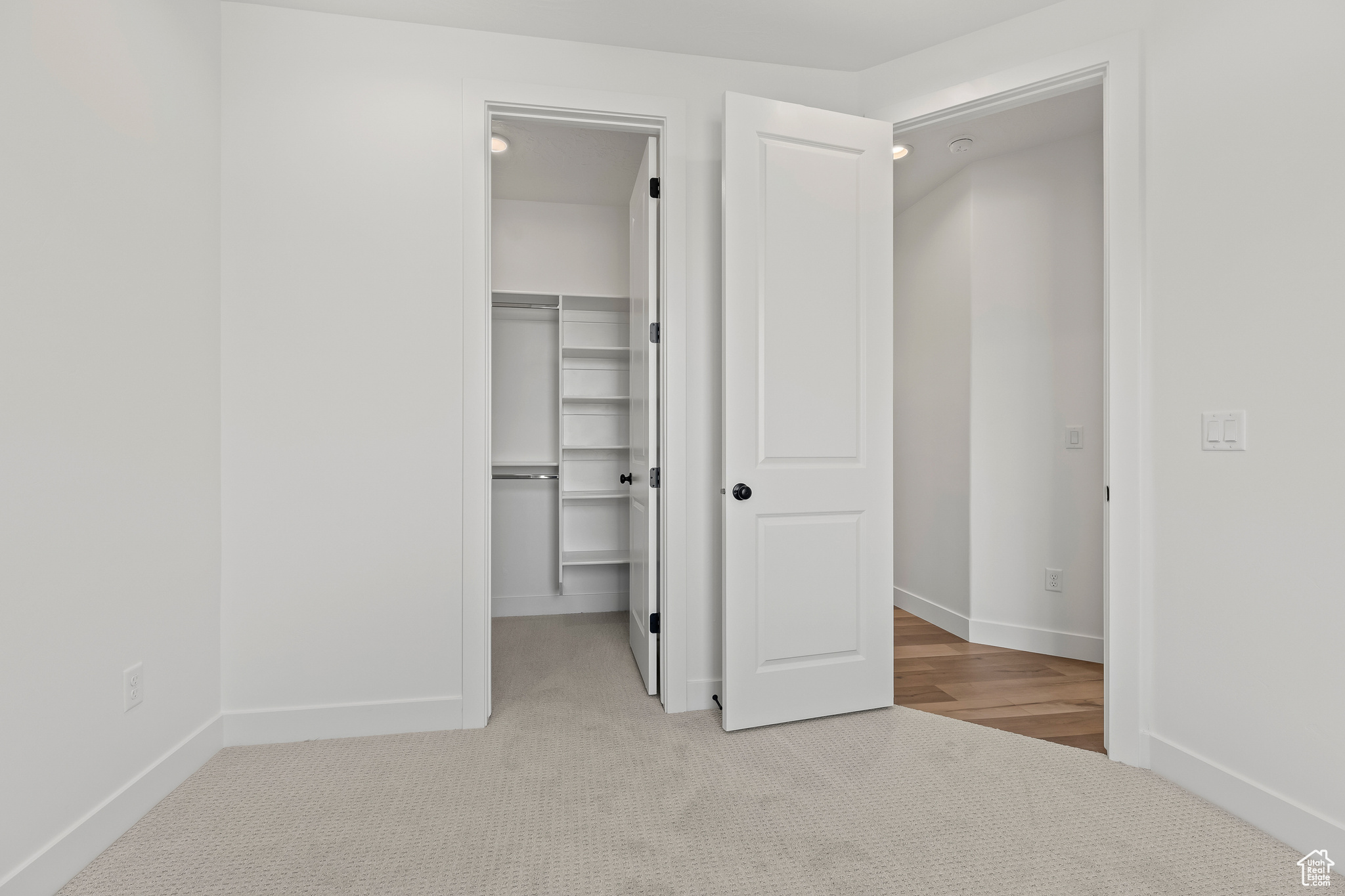 Unfurnished bedroom with light colored carpet and a closet