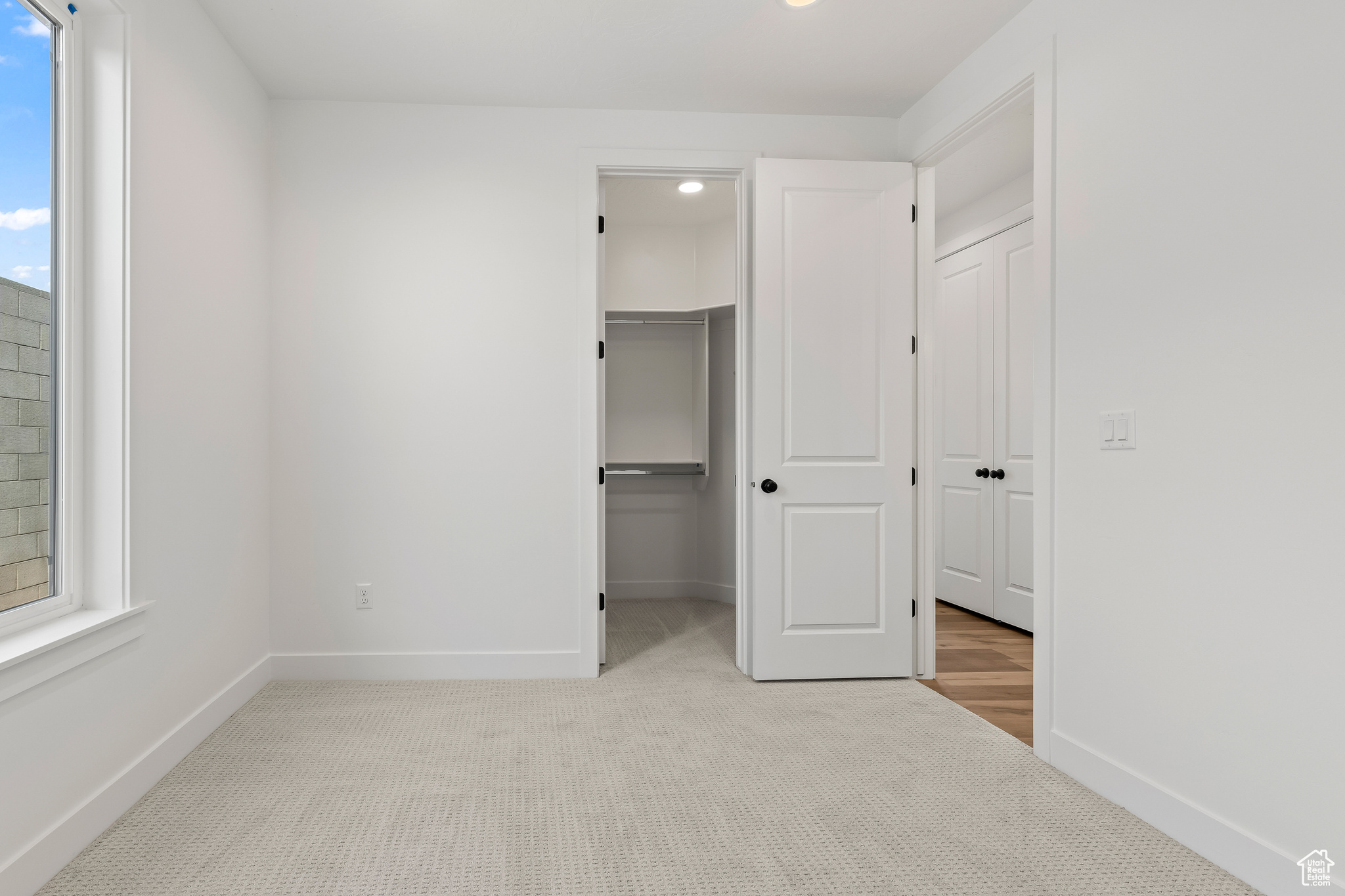 Unfurnished bedroom featuring a spacious closet, light carpet, and a closet