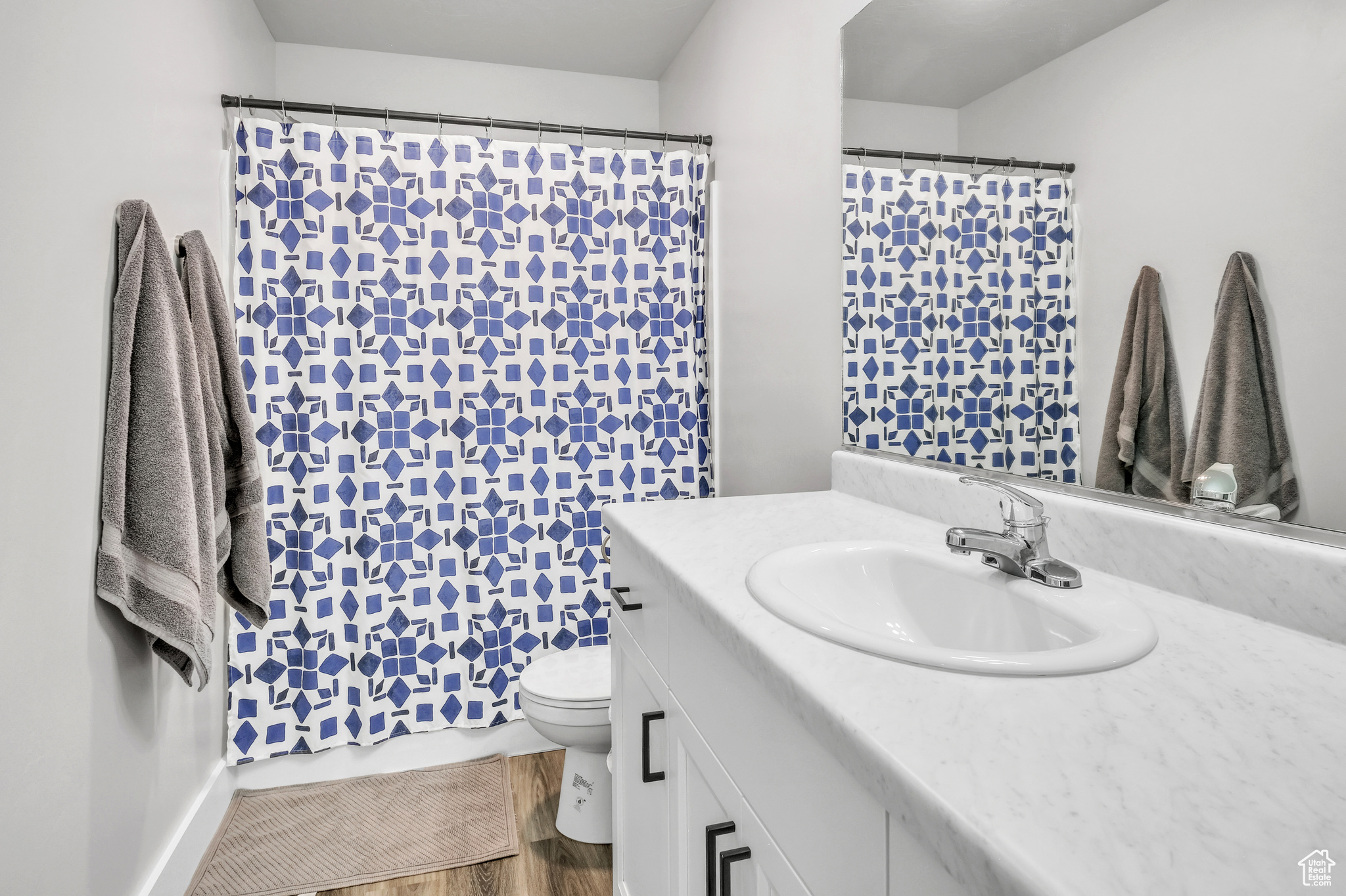 Bathroom featuring hardwood / wood-style floors, vanity, and toilet