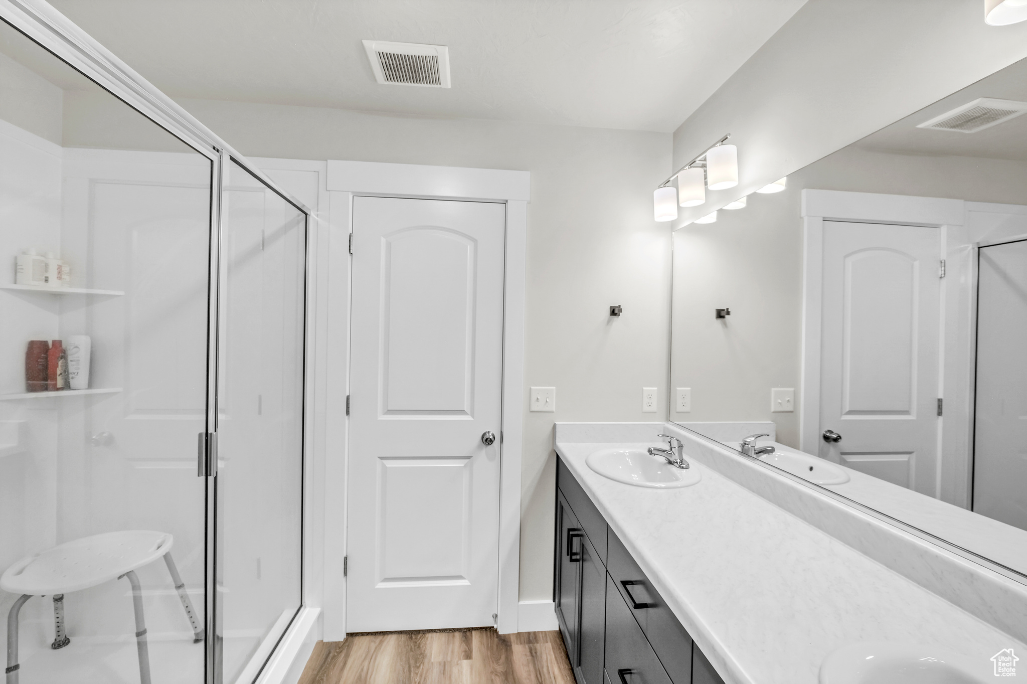 Bathroom with vanity, hardwood / wood-style flooring, and walk in shower