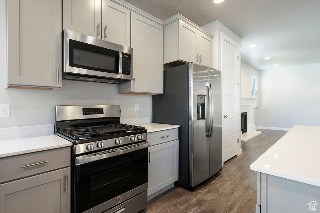 Kitchen featuring appliances with stainless steel finishes, gray cabinets, and dark hardwood / wood-style floors