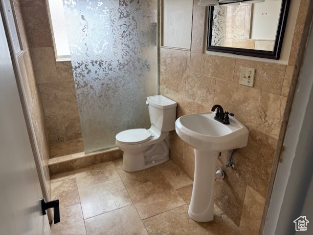 Bathroom with a tile shower and toilet