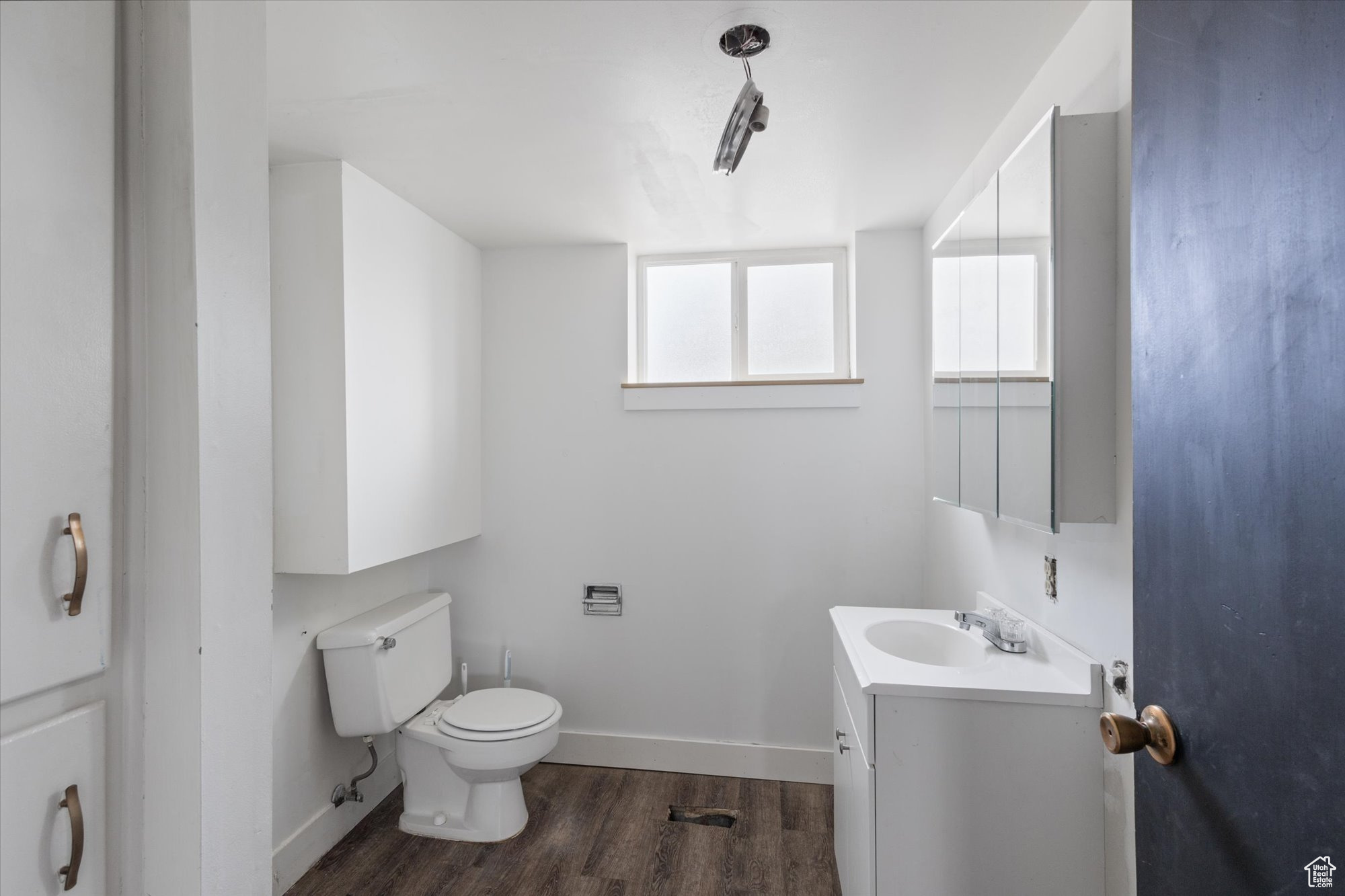 Bathroom featuring hardwood / wood-style floors, vanity, and toilet