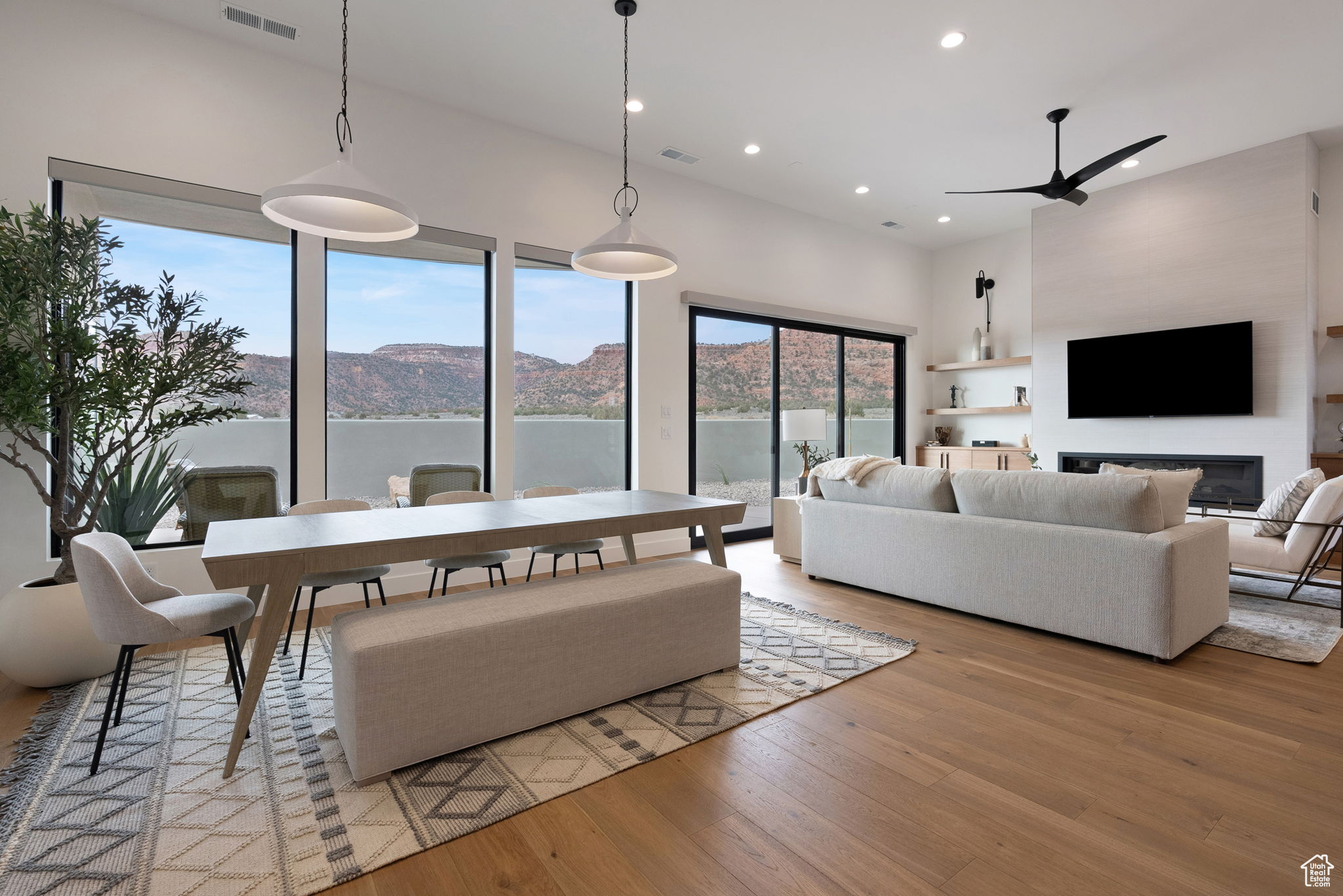 Living room with ceiling fan, a healthy amount of sunlight, and light wood-type flooring