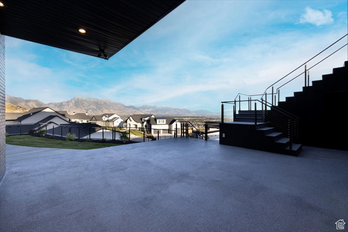 View of patio featuring a mountain view