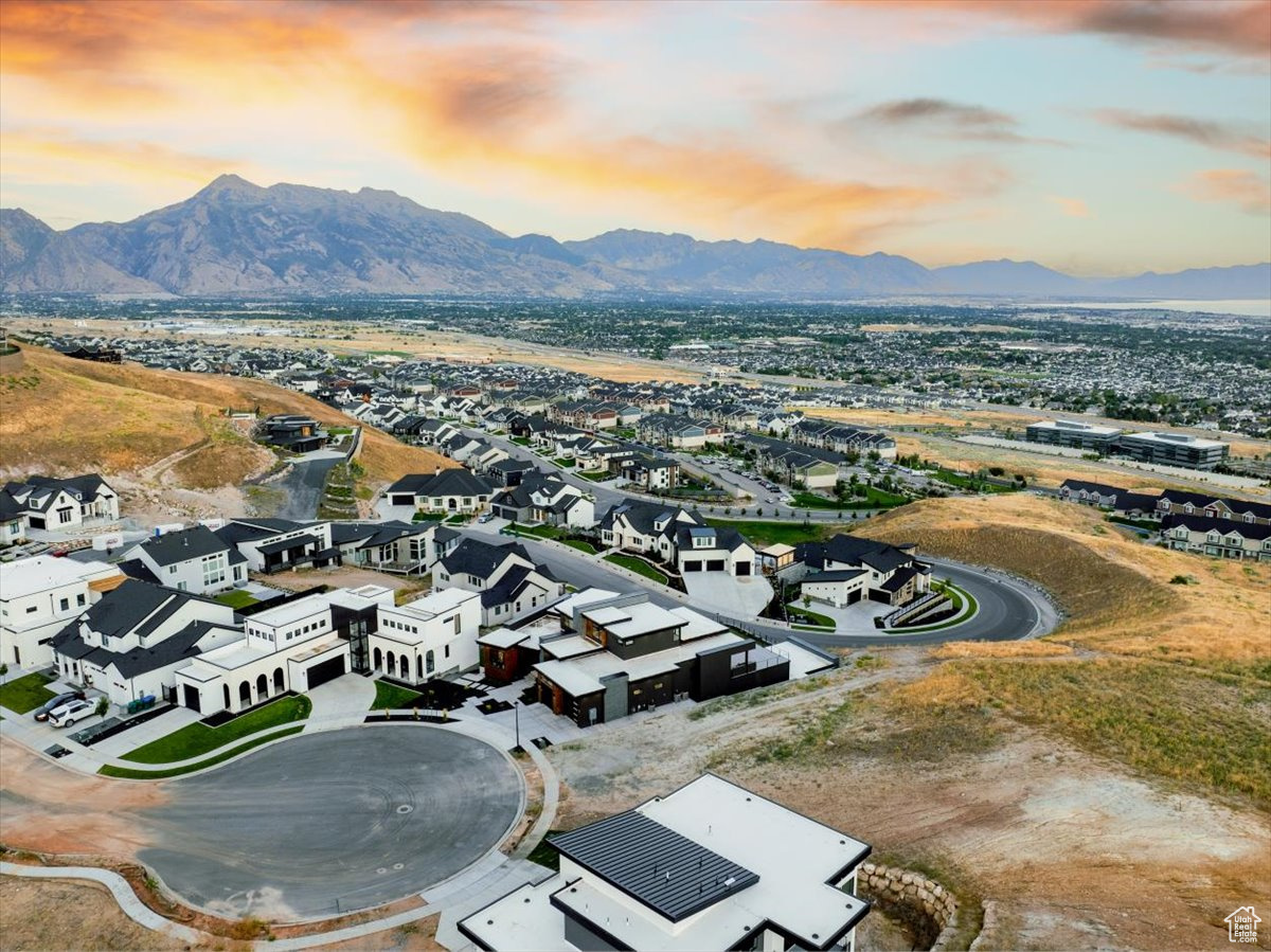 Aerial view at dusk with a mountain view