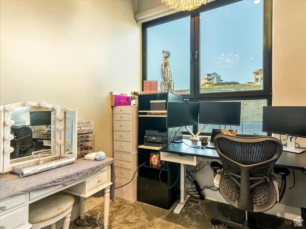 Office area featuring carpet flooring